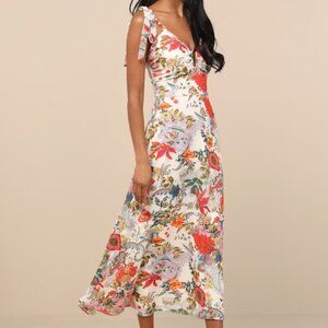 Lulus Simply Blissful Ivory Multi Floral Tie-strap A-line Midi Dress White